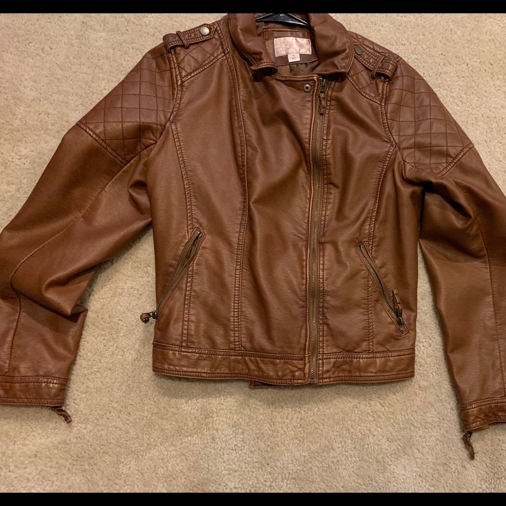 Brown imitation leather moto jacket